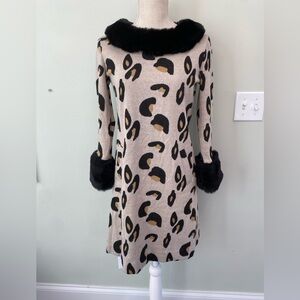 RARE TYLER BOE FUR TRIMMED ANIMAL PRINT SHIFT DRESS XS